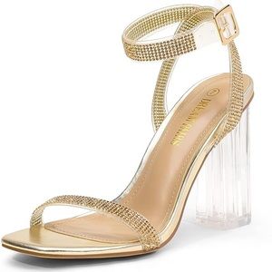 Dream Pairs Gold Rhinestone Chunky Heel Sandal
